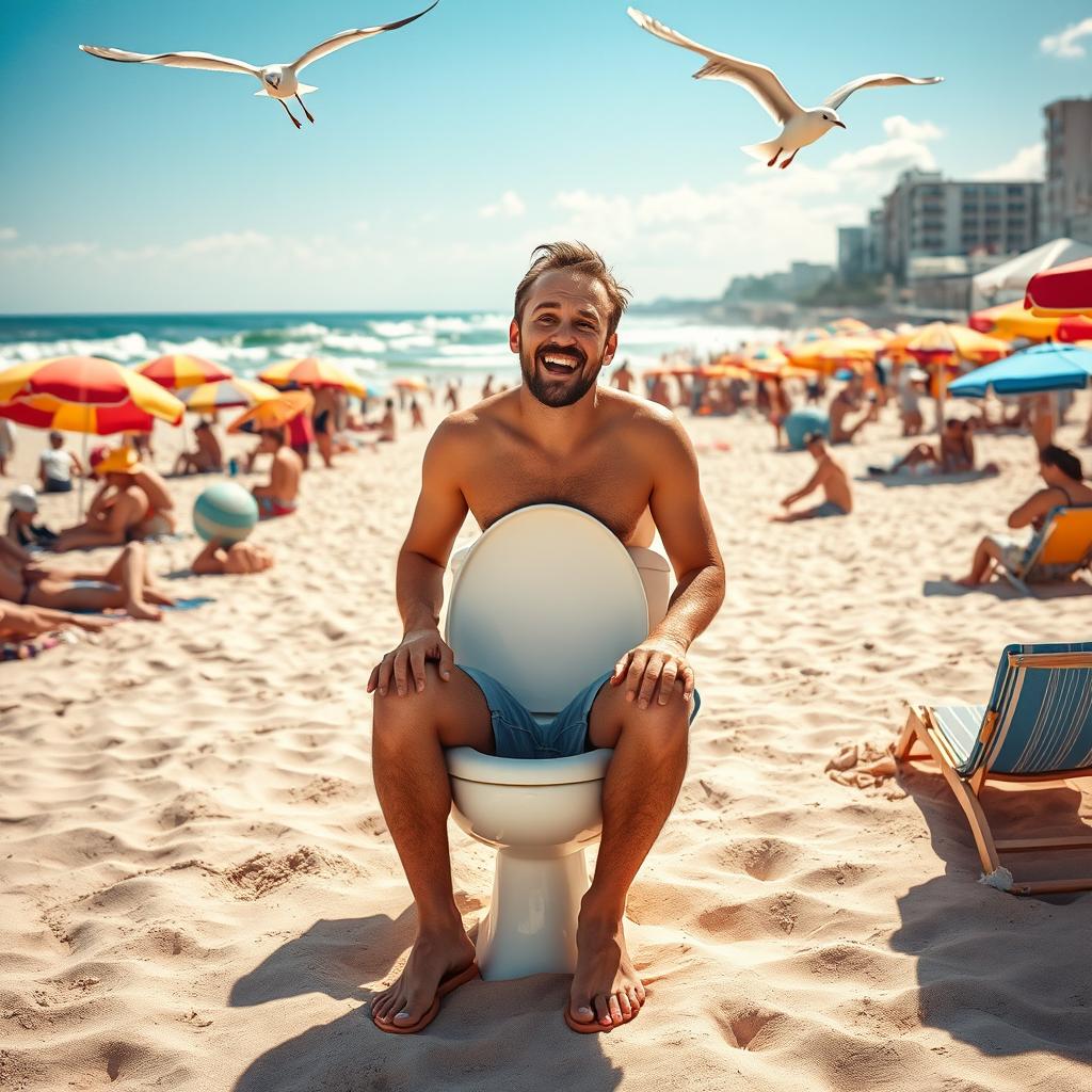 A humorous and unconventional scene featuring a man sitting on a toilet in the middle of a vibrant beach setting