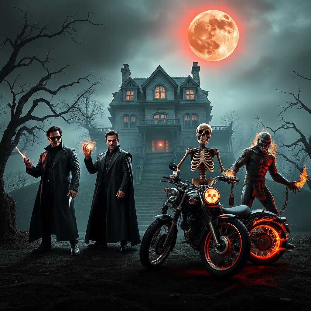 A dramatic scene featuring five figures gathered in front of a haunted mansion on a hill