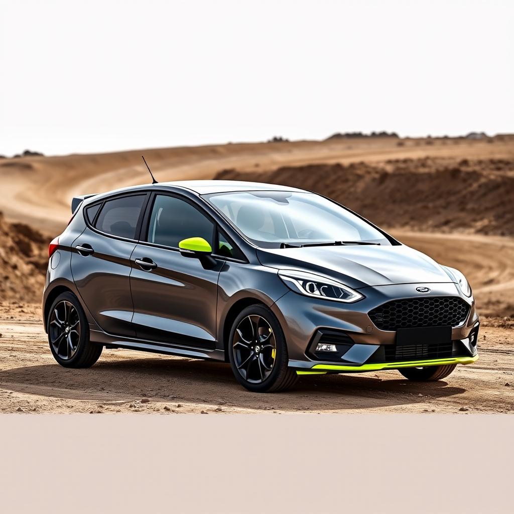 A stunning 2019 Ford Fiesta in Nardo Grey with vibrant yellow fluorescent accents, showcasing its stylish 4-door design