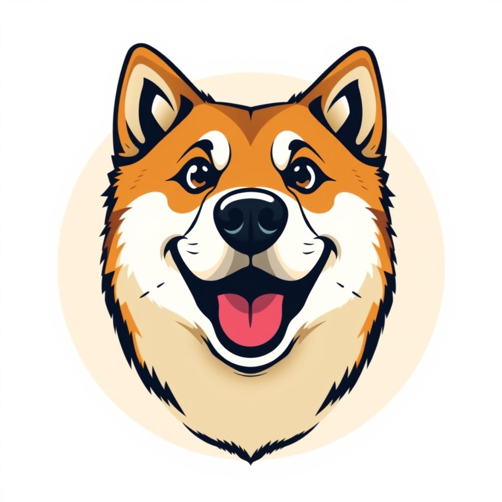 A vibrant vector-style logo featuring the head of a Doge dog with a funny, playful expression