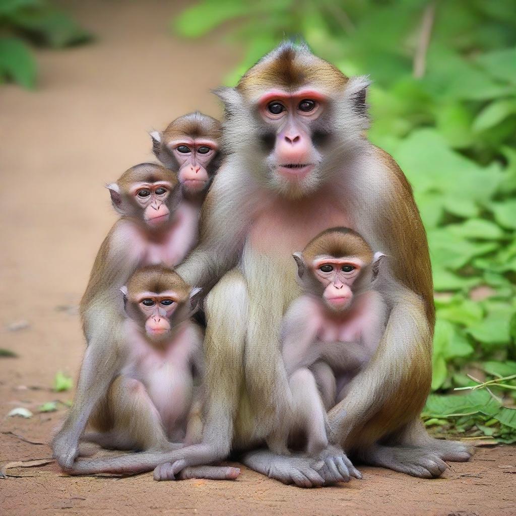 A dad monkey surrounded by his three young children, displaying expressions of shock and tears