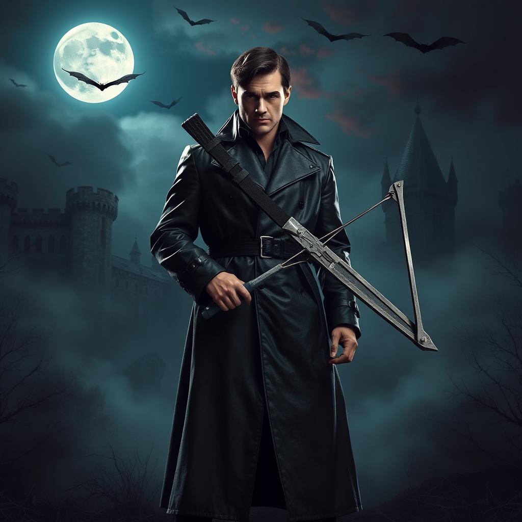 A striking image of a Vampire Hunter standing confidently in a dark, Gothic setting