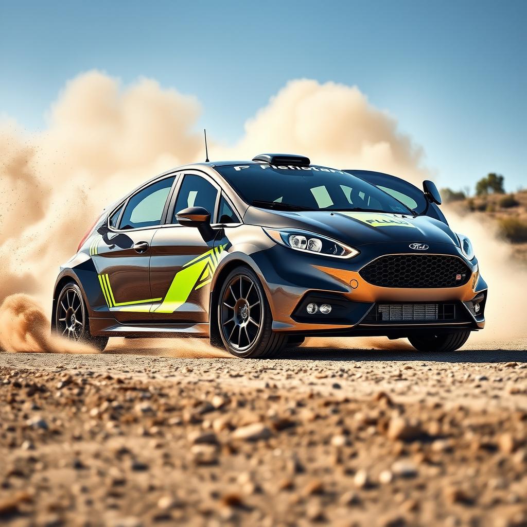 A 2018 Ford Fiesta modified for rally racing, featuring a striking exterior design in a nard gray color accented with vibrant fluo yellow highlights