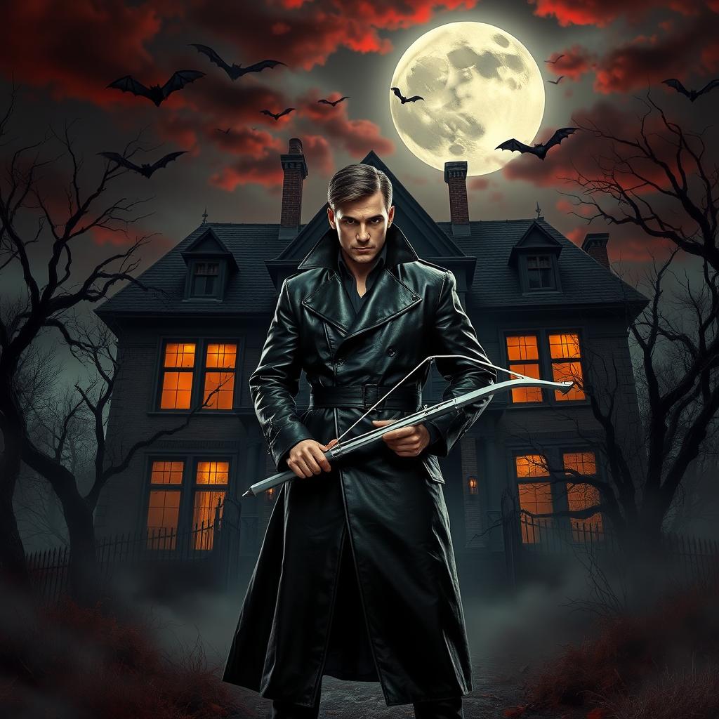 A striking image of a Vampire Hunter standing confidently in front of a haunted mansion