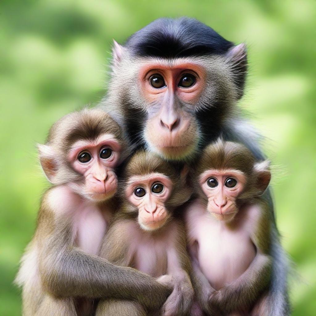 A dad monkey surrounded by his three young children, displaying expressions of shock and tears