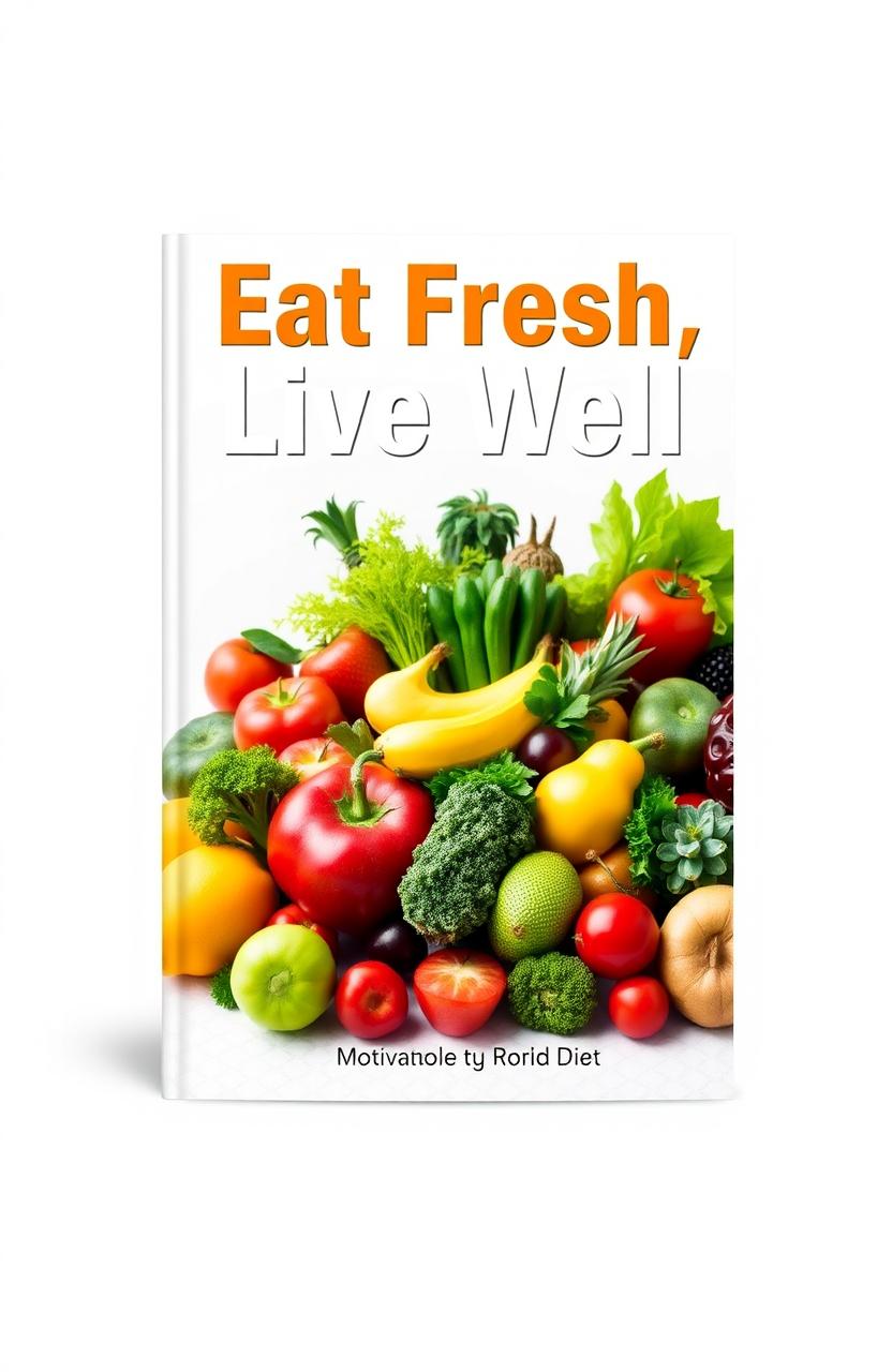 A sleek and modern diet book cover, featuring a vibrant array of fresh fruits and vegetables artistically arranged