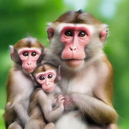 A dad monkey surrounded by his three young children, displaying expressions of shock and tears