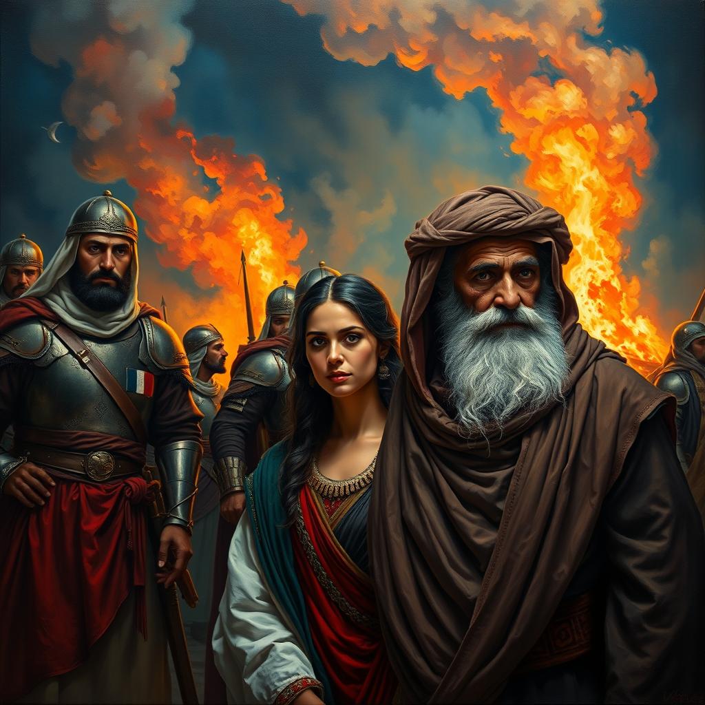 A captivating oil painting depicting a scene at night with Arab knights standing proudly in traditional armor, their expressions fierce yet noble