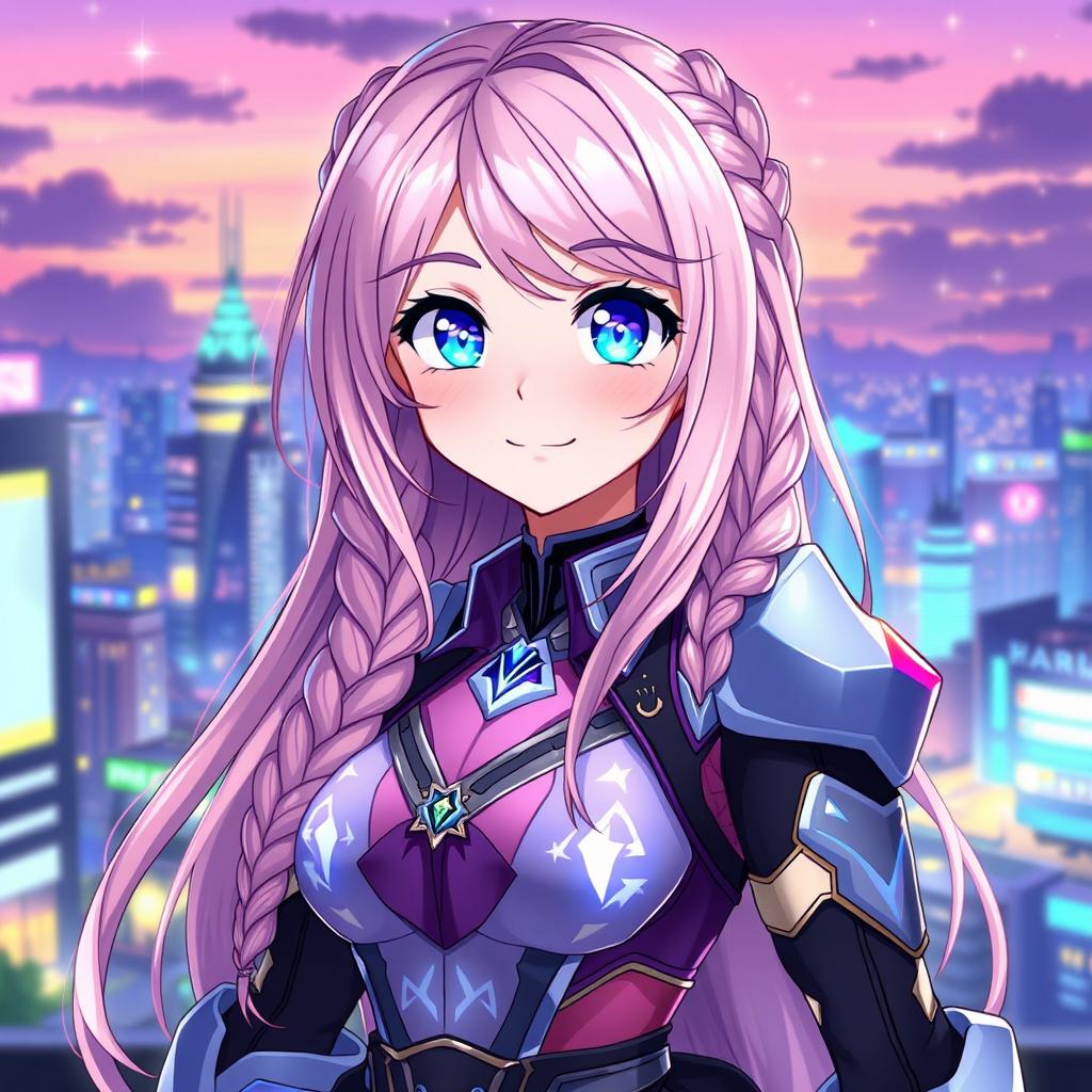 A stunning anime-inspired waifu character, featuring long flowing pastel pink hair with intricate braided details, sparkling large blue eyes, and a playful expression