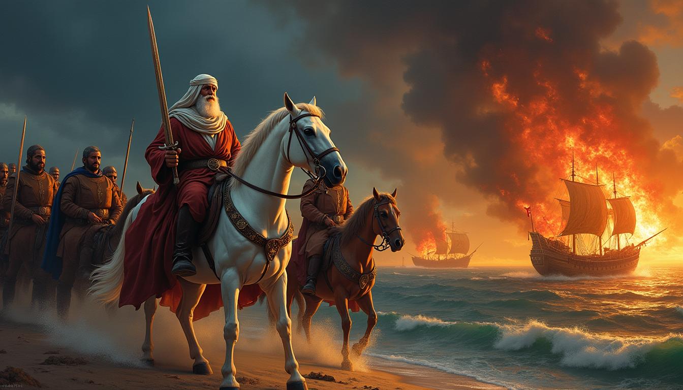 An Arabic girl wielding a sword on a majestic white horse at night, accompanied by an elderly Arab man with a white beard and sharp features