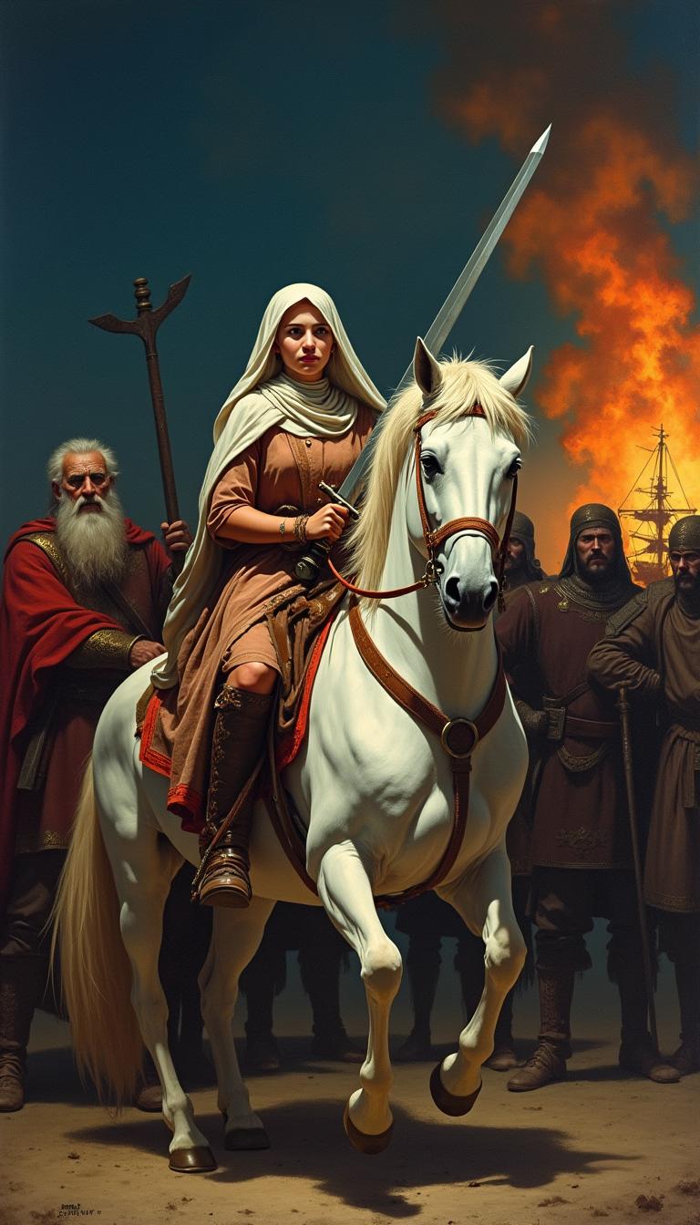 An Arabic girl holding a sword on a striking white horse at night, next to an elderly Arab man with a white beard and sharp features