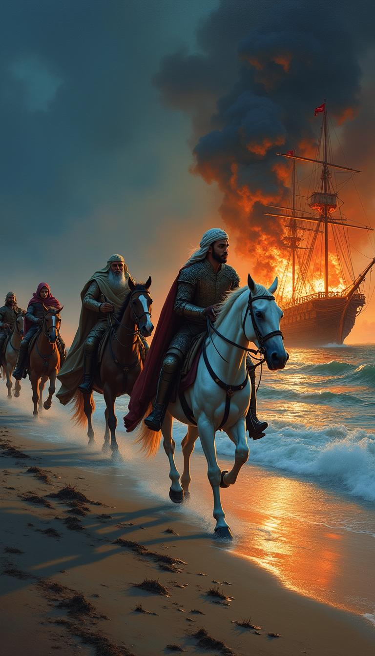 At night, four strong Arab knights charge on their horses along the shoreline, with an Arabic girl in front riding a stunning white horse and holding a sword