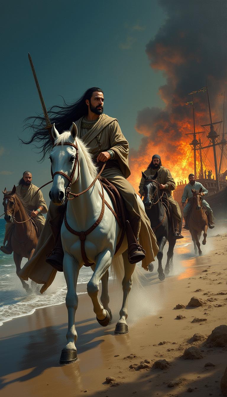 At night, an Arabic girl with long black hair rides her white horse, confidently holding a sword in her hand