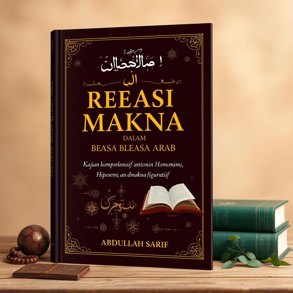 A book cover design for the title "الْعَلَاقَات الدَّلَالِيّة فِي الُّلغَة الْعَرَبِيَّة RELASI MAKNA DALAM BAHASA ARAB Kajian Komprehensif tentang Sinonimi, Antonimi, Homonimi, Hiponimi, Polisemi, dan Makna Figuratif" by ABDULLAH SARIF