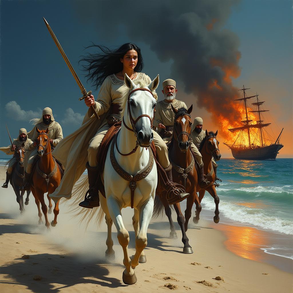 At night, an Arab woman with long black hair rides gallantly on her white horse, wielding a sword in her hand