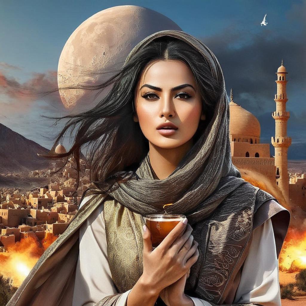 في الليل امرأة عربية بشعر أسود طويل تنطلق على حصانها الأبيض و بيدها سيف و بجانبها رجل عربي مسن بلحية بيضاء وملامح حادة على حصانه و خلفهم  اربع فرسان عرب أشداء ينطلقون على خيولهم عند الشاطىء  بجانبهم عند 
 الشاطىء سفينة حربية  برتغالية قديمة كبيرة  جداً لها مدافع  تظهر 
بوضوح تحترق والنار والدخان يملأان السماء اللوحة مرسومة زيتي سميك شمعي تكبير السفينة وزيادة الظلام الليلي 
 وتصغير الاشخاص في الصورة وزيادة الدخان والنار وازالة القبعة عن الرجل المسن ووضع مكانها عقال وجعلها أكثر فنية زيتية على نفس نمط الرسمة المحملة