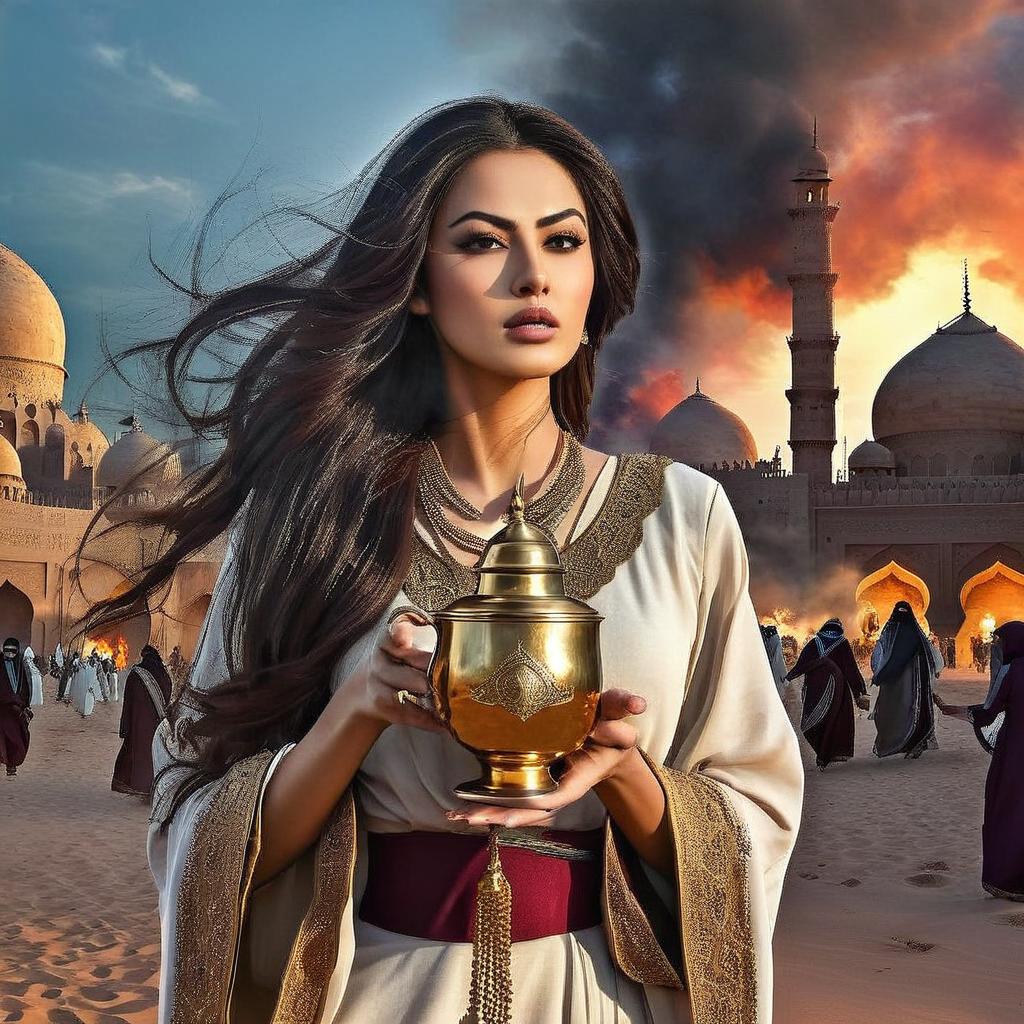 في الليل امرأة عربية بشعر أسود طويل تنطلق على حصانها الأبيض و بيدها سيف و بجانبها رجل عربي مسن بلحية بيضاء وملامح حادة على حصانه و خلفهم  اربع فرسان عرب أشداء ينطلقون على خيولهم عند الشاطىء  بجانبهم عند 
 الشاطىء سفينة حربية  برتغالية قديمة كبيرة  جداً لها مدافع  تظهر 
بوضوح تحترق والنار والدخان يملأان السماء .  تكبير السفينة وزيادة الظلام الليلي 
 وتصغير الاشخاص في الصورة وزيادة الدخان والنار وازالة القبعة عن الرجل المسن ووضع مكانها عقال وجعلها أكثر فنية زيتية نفس طريقة نوعية الوان الرسمة المحملة ويرجى الالتزام حرفيا بما وصفناه مسبقا وليس استعمال اللوحة المحملة كلوحة