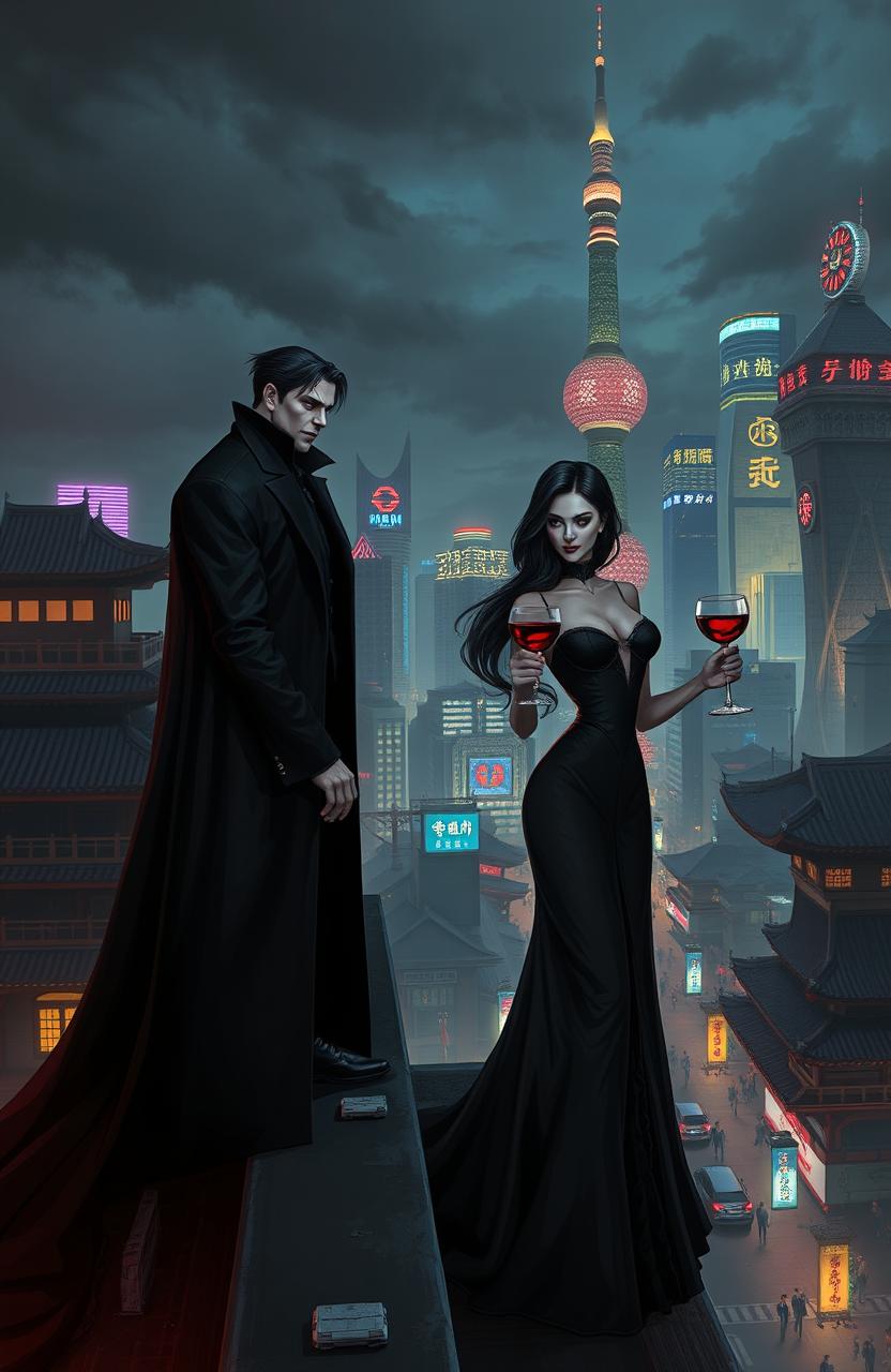 An artistic depiction of vampires in Shanghai during the night, showcasing a dramatic skyline with neon lights and traditional Chinese architecture