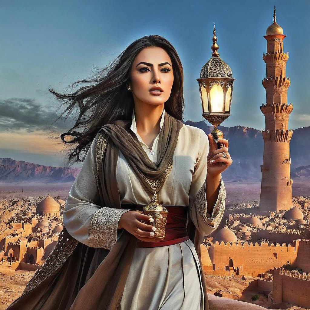 في الليل امرأة عربية بشعر أسود طويل تنطلق على حصانها الأبيض و بيدها سيف و بجانبها رجل عربي مسن بلحية بيضاء وملامح حادة على حصانه و خلفهم  اربع فرسان عرب أشداء ينطلقون على خيولهم عند الشاطىء  بجانبهم عند 
 الشاطىء سفينة حربية  برتغالية قديمة كبيرة  جداً لها مدافع  تظهر 
بوضوح تحترق والنار والدخان يملأان السماء .  تكبير السفينة وزيادة الظلام الليلي 
 وتصغير الاشخاص في الصورة وزيادة الدخان والنار وازالة القبعة عن الرجل المسن ووضع مكانها عقال وجعلها أكثر فنية زيتية نفس طريقة نوعية الوان الرسمة المحملة ويرجى الالتزام حرفيا بما وصفناه مسبقا السفينة وما وصفناه وليس استعمال اللوحة المحملة كلوحة