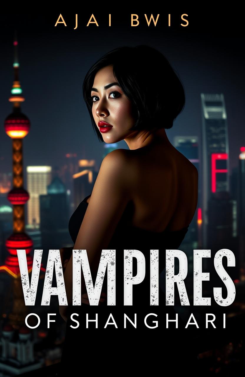 An Asian vampire woman with short hair stands in the shadows, elegantly posed in front of the stunning Shanghai skyline at night