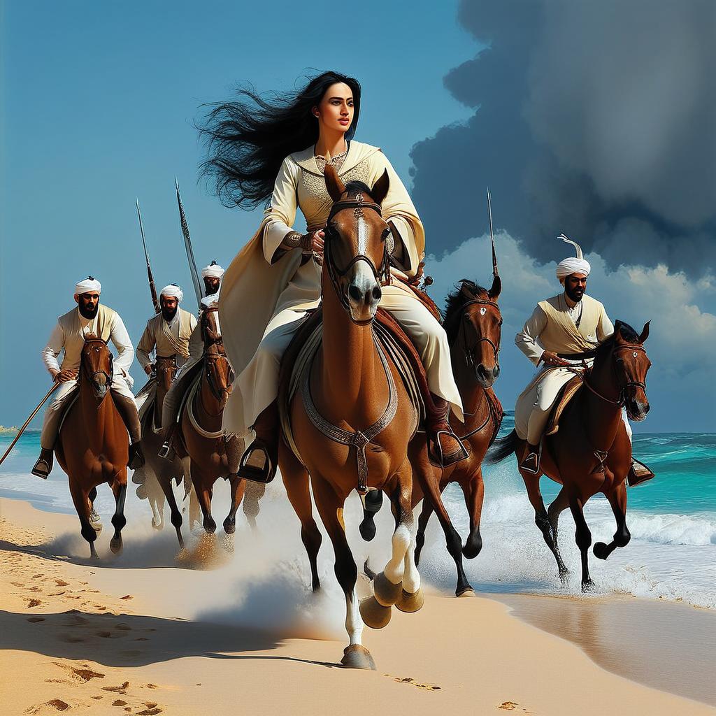 في الليل امرأة عربية بشعر أسود طويل تنطلق على حصانها الأبيض و بيدها سيف و بجانبها رجل عربي مسن بلحية بيضاء وملامح حادة على حصانه و خلفهم  اربع فرسان عرب أشداء ينطلقون على خيولهم عند الشاطىء  بجانبهم عند 
 الشاطىء سفينة حربية  برتغالية قديمة كبيرة  جداً لها مدافع  تظهر 
بوضوح تحترق والنار والدخان يملأان السماء .  تكبير السفينة وزيادة الظلام الليلي 
 وتصغير الاشخاص في الصورة وزيادة الدخان والنار وازالة القبعة عن الرجل المسن ووضع مكانها عقال