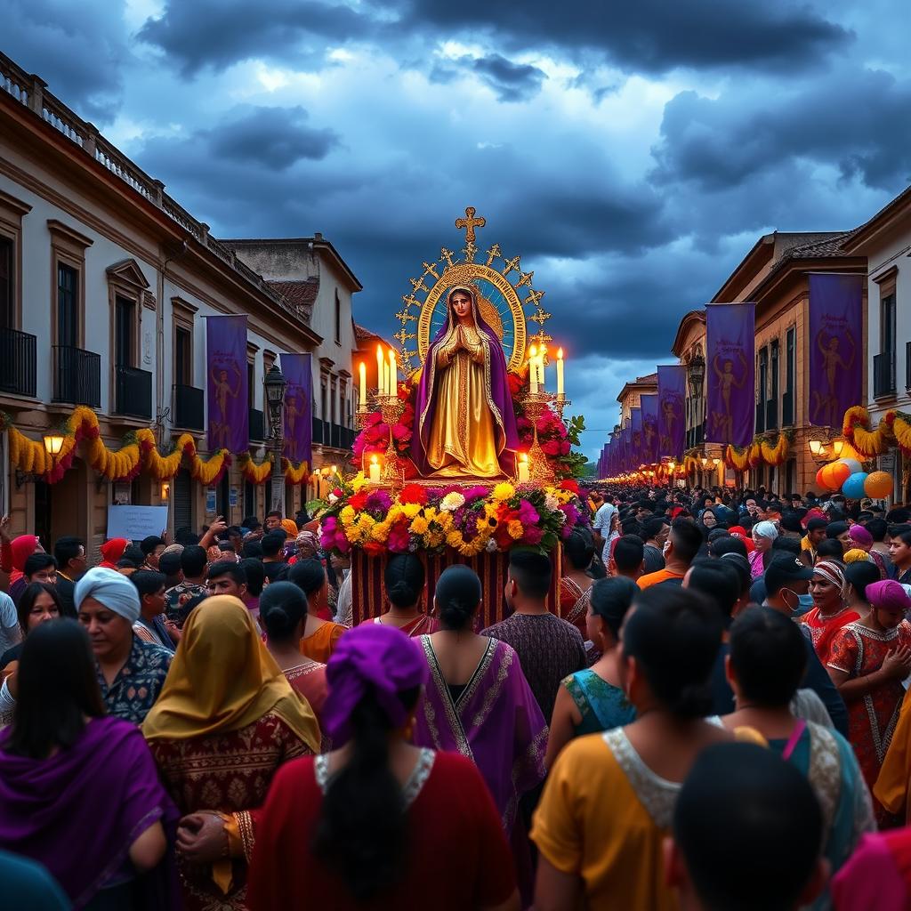 A vibrant and spiritual scene depicting the annual procession of the Señor de los Milagros in Peru