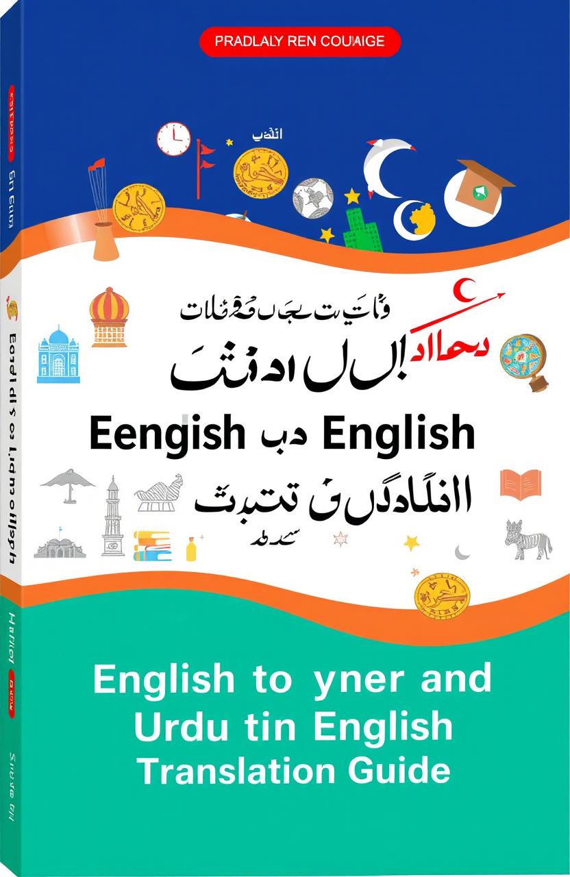 A visually appealing book cover design for a translation guide featuring English to Urdu and Urdu to English translations