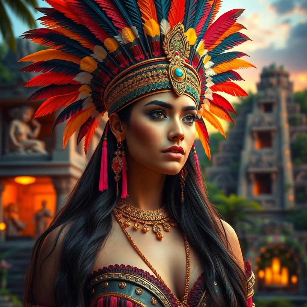 A stunning Aztec princess in traditional attire, featuring intricate feather headdresses adorned with bright colors and gold accents
