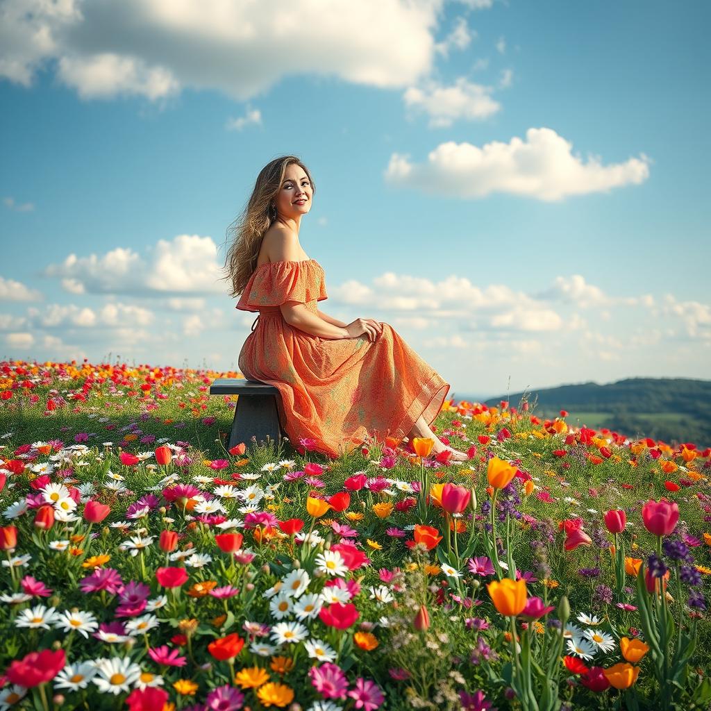A beautiful woman sitting on a bench atop a hill covered with vibrant flowers