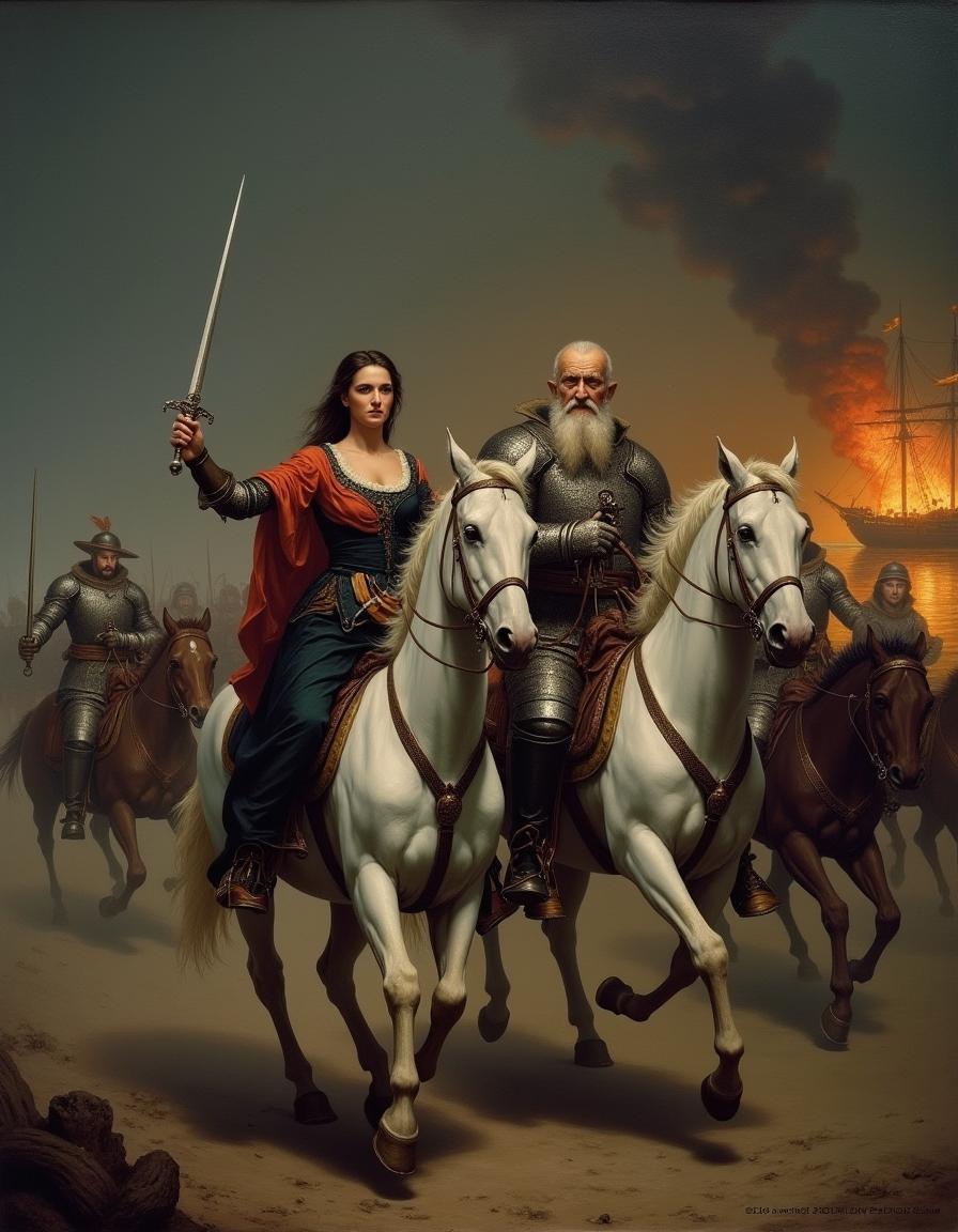 A night scene featuring a woman carrying a sword, riding a white horse beside an elderly man with a white beard