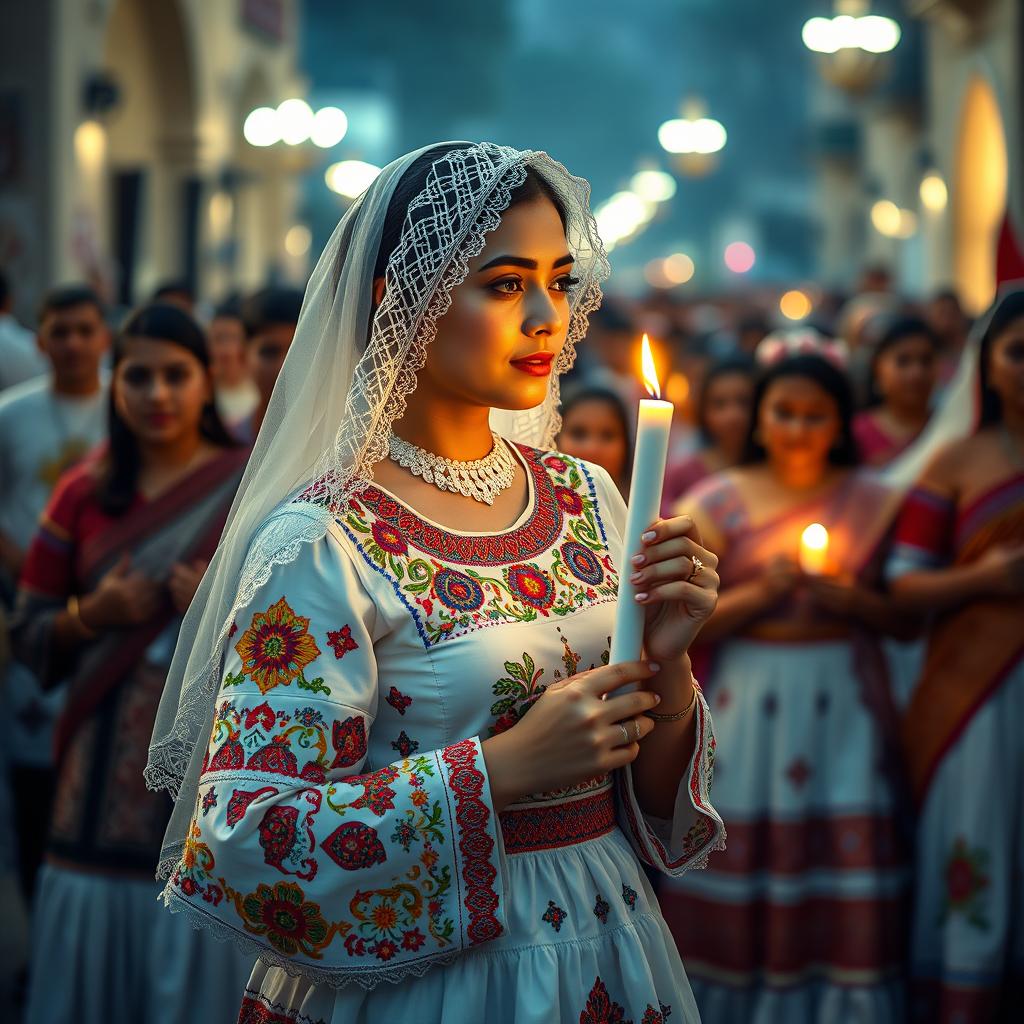 A captivating depiction of a traditional lady participating in a religious procession, inspired by cultural festivities