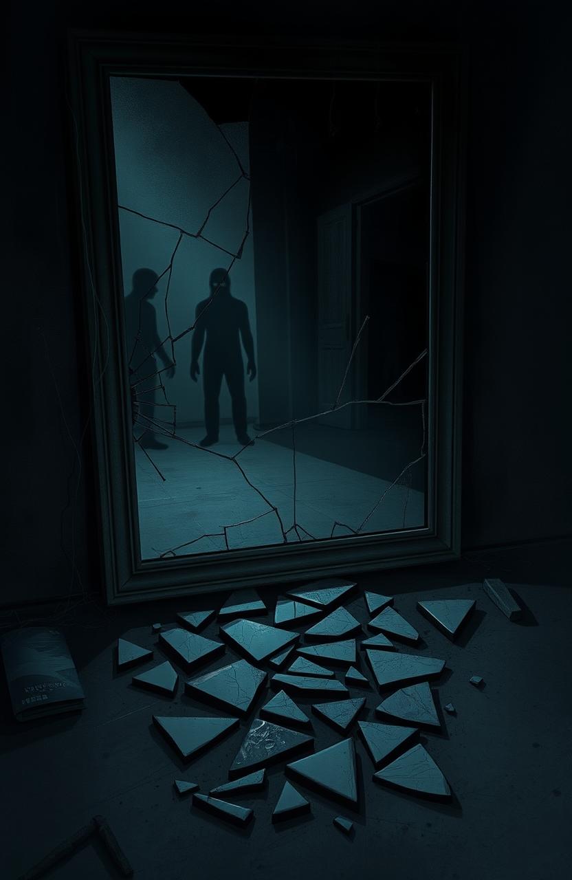 A hauntingly eerie scene inspired by a horror book titled 'El Reflejo Roto', featuring a broken mirror reflecting a dimly lit room filled with ominous shadows