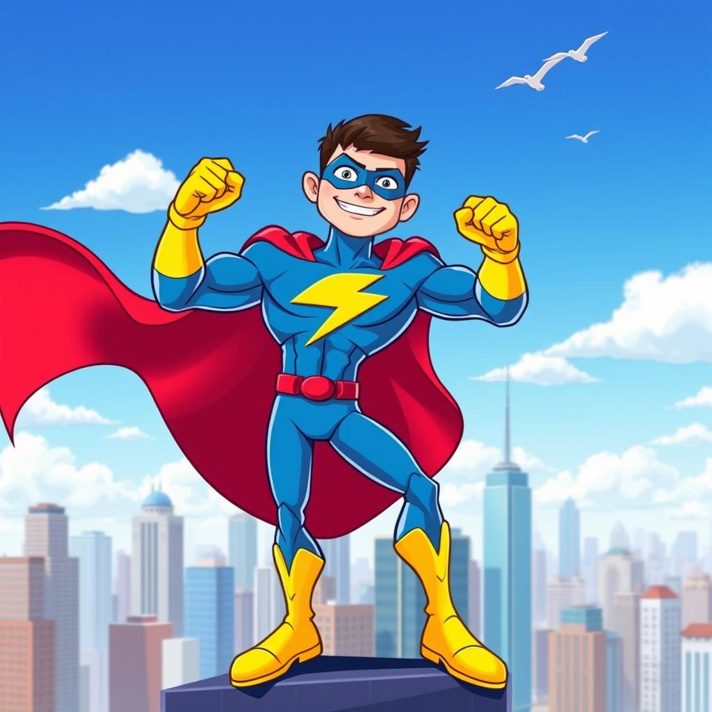 A vibrant and dynamic cartoon superhero character with an athletic build, wearing a colorful costume featuring a bright blue bodysuit with a lightning bolt emblem on the chest