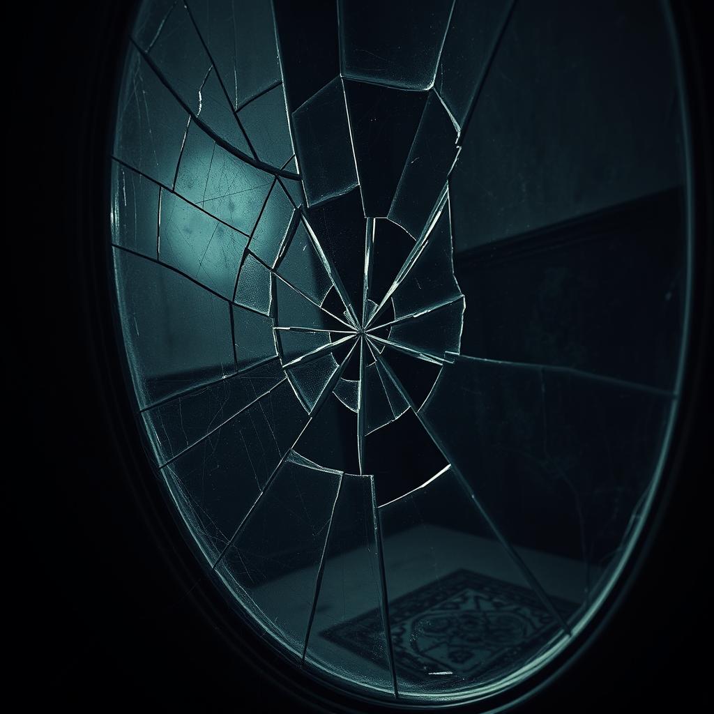 An eerie, close-up depiction of a broken mirror without any reflections of people, inspired by the horror book 'El Reflejo Roto'