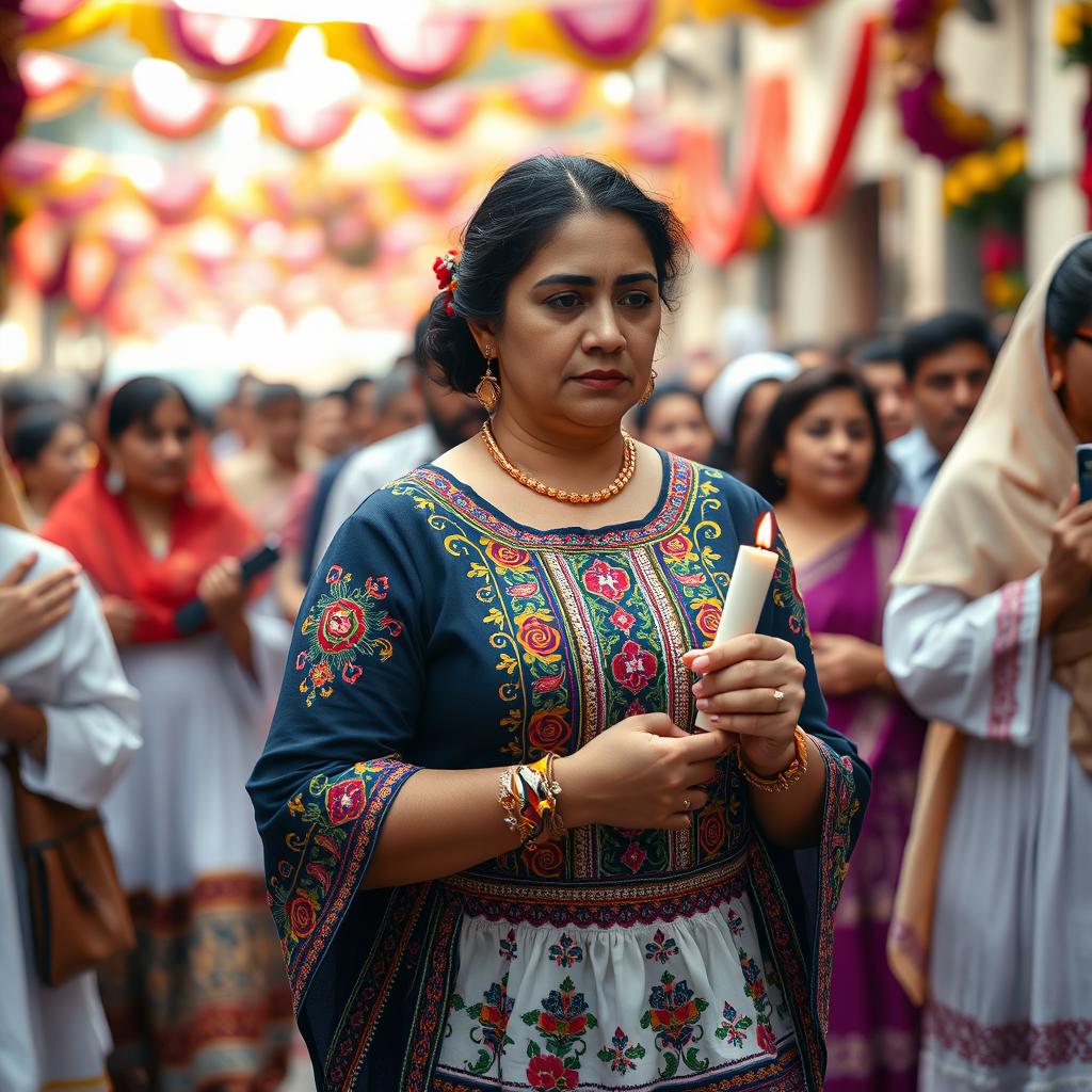 A poignant scene capturing a señora gracefully following a religious procession