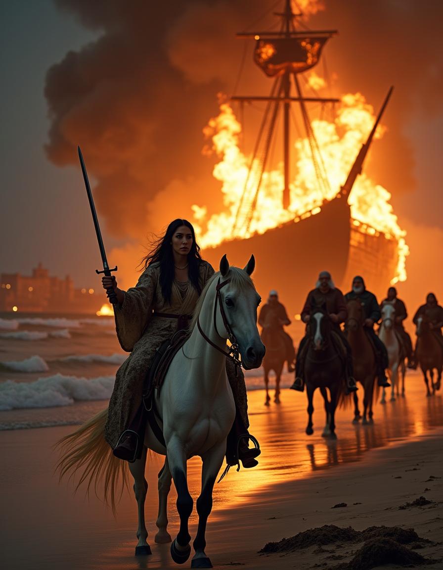 At night, a massive ancient Portuguese warship is burning at the shore, with flames filling the sky