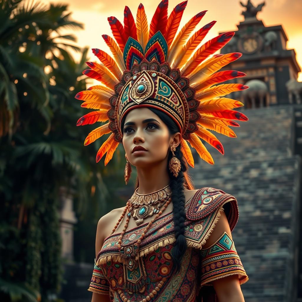 A breathtaking Aztec princess standing gracefully, adorned in elaborate traditional clothing decorated with colorful patterns and gold embellishments