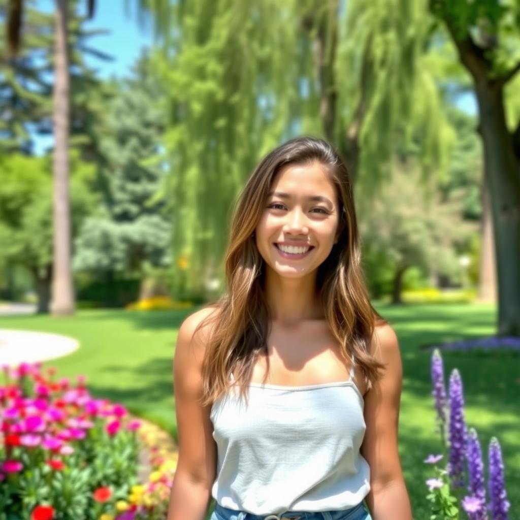 An edited photo of a person standing in a lush green park, smiling and dressed in casual summer attire