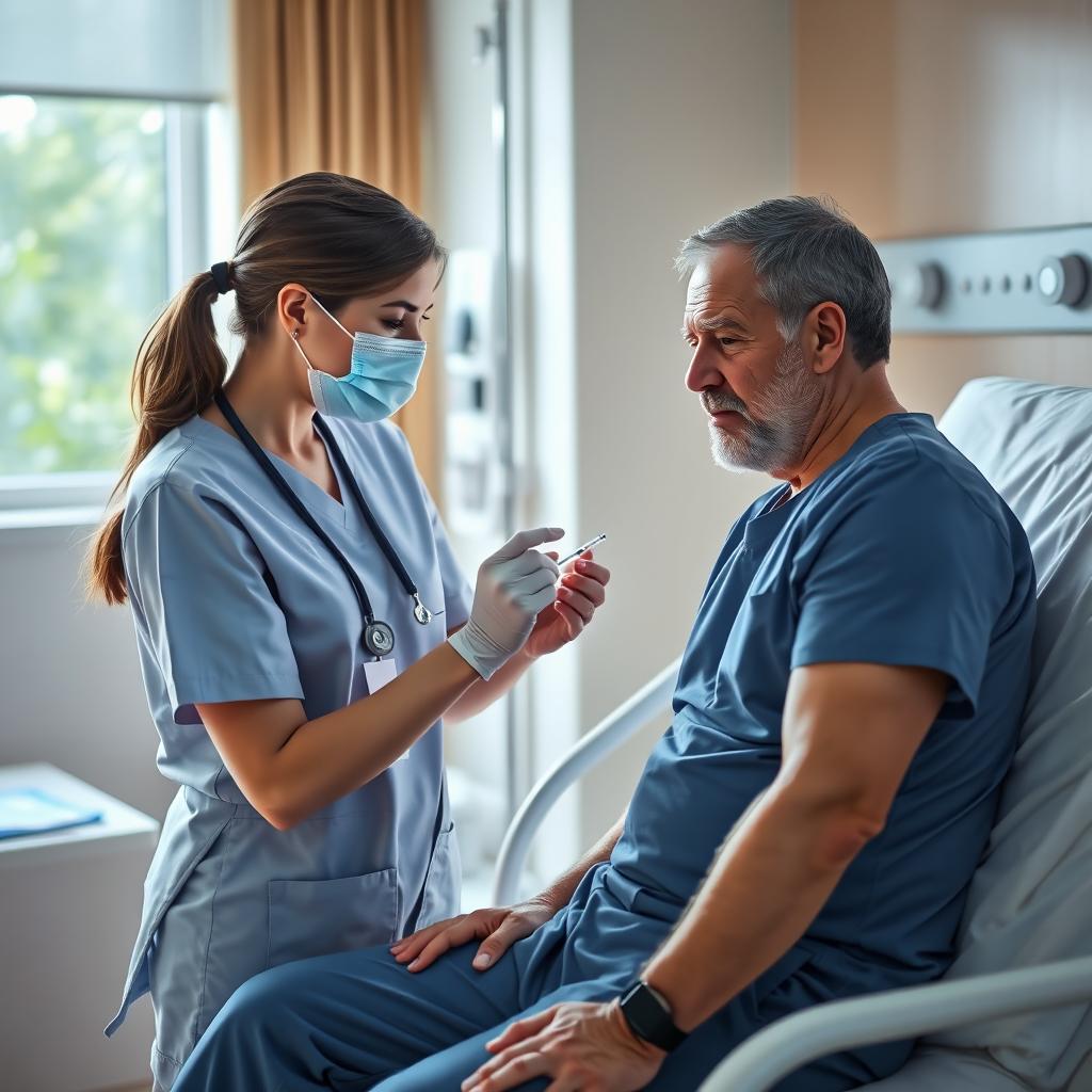 A scene depicting a female nurse taking a blood sample from a male patient in a hospital room