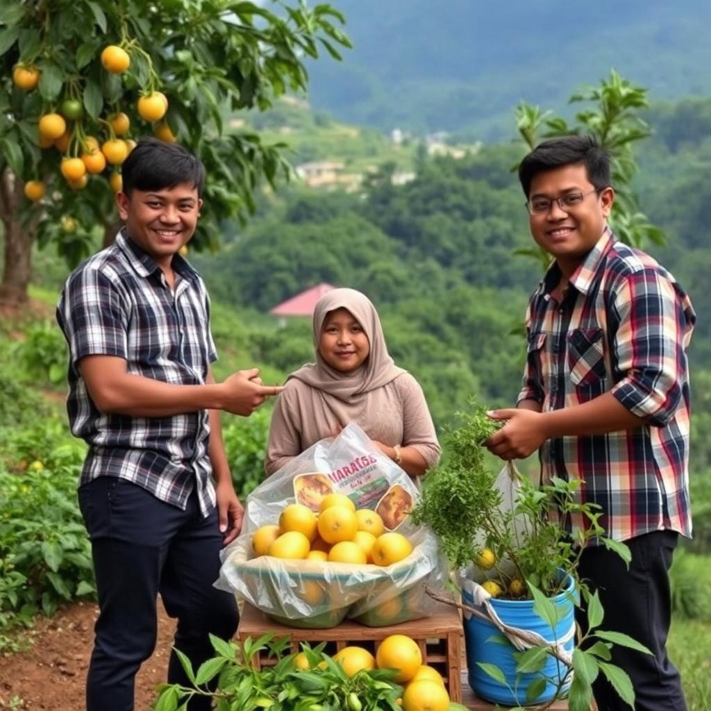 Gambar wallpaper yang menggambarkan sekelompok pria dari kota, mengenakan pakaian yang rapi dan stylish, sedang aktif melakukan kegiatan ekonomi di koperasi-koperasi dalam sebuah pemukiman mandiri