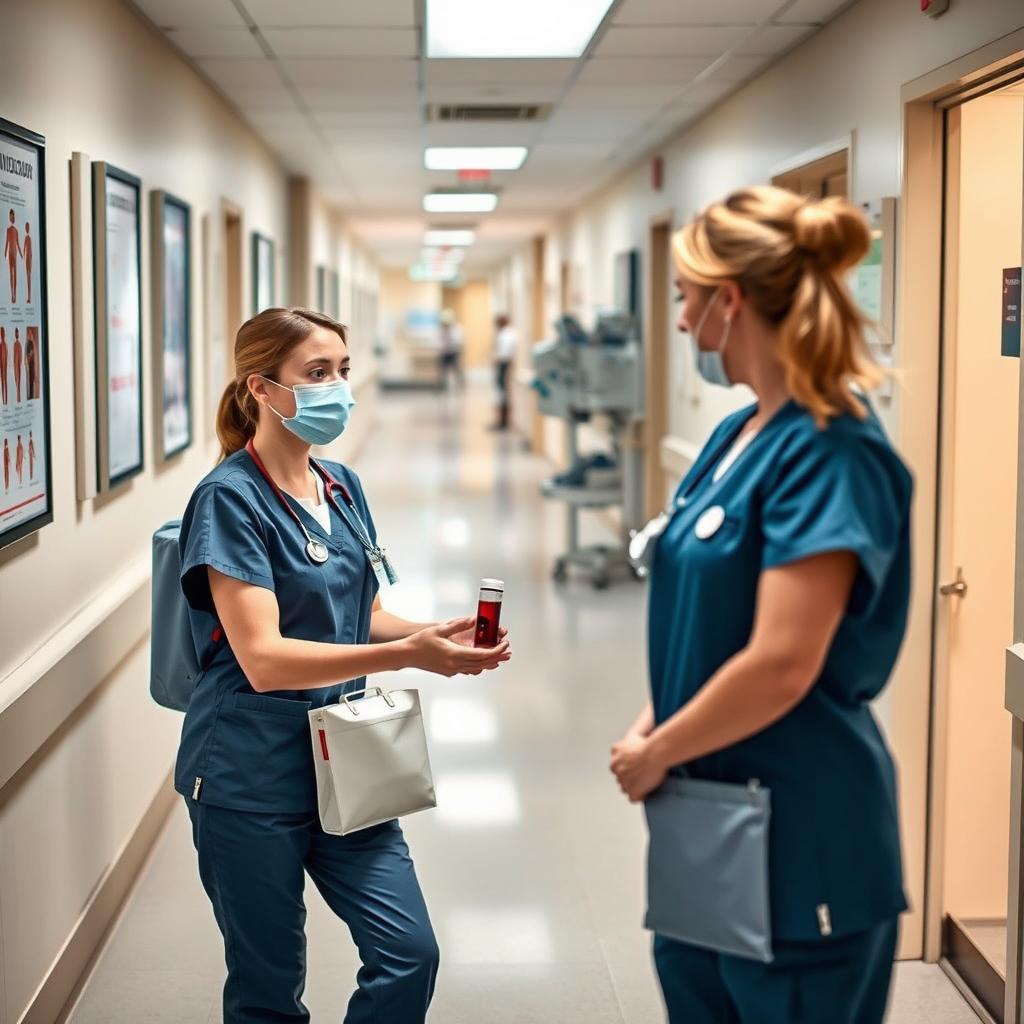 A female nurse transporting a blood sample in a small container through a hospital corridor