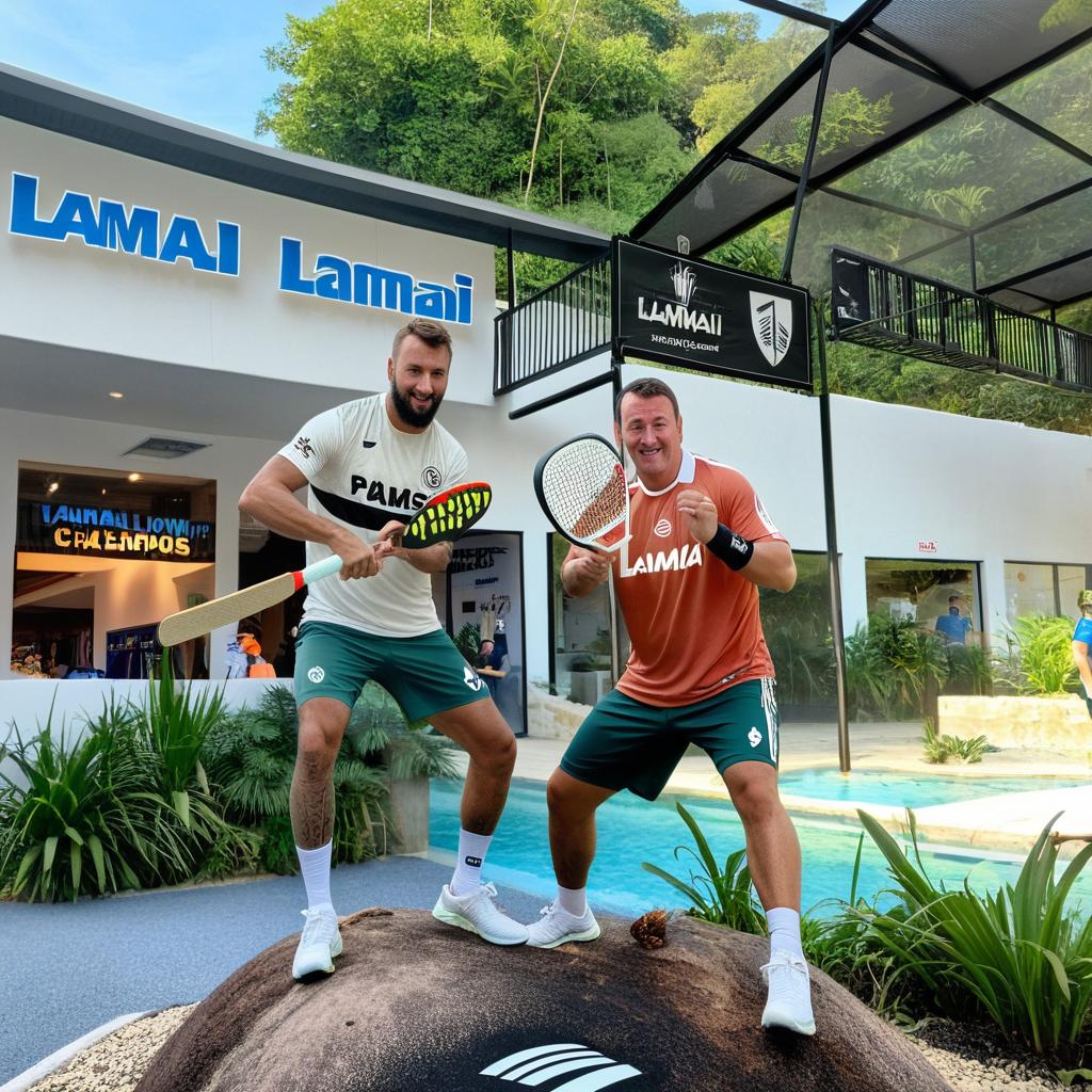 Create a border for the picture which has an island vibe with palms and integrate a text in the top border which reads „Lamai Low Intermediate Padel Champions“ and on the bottom another text which reads „Team Slovakia - Germany / Tomas & Tim“