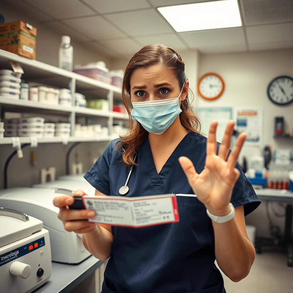 A female nurse in a hospital laboratory looks perplexed as she examines a blood sample with a label that has incomplete information