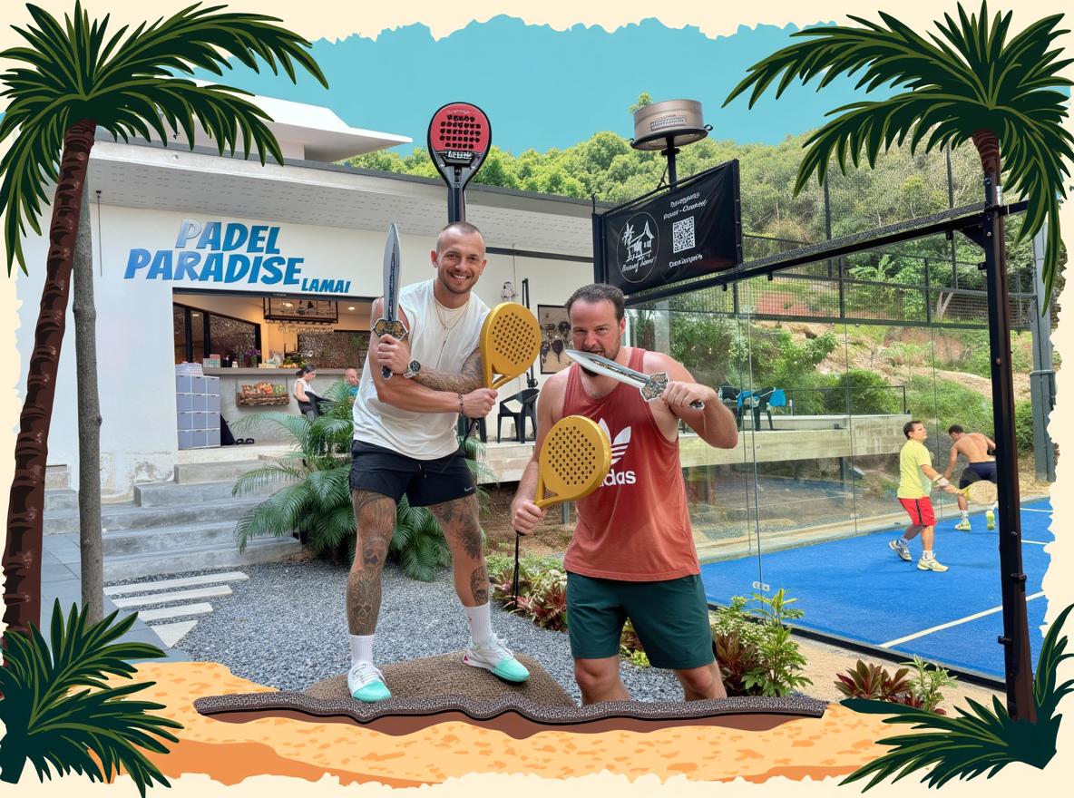 A vibrant and lively vector-style border featuring tropical elements like palm trees, waves, and island motifs