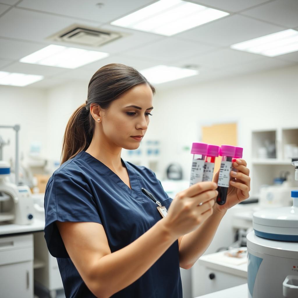 In a hospital laboratory, a female nurse is intently comparing two blood sample tubes from different patients