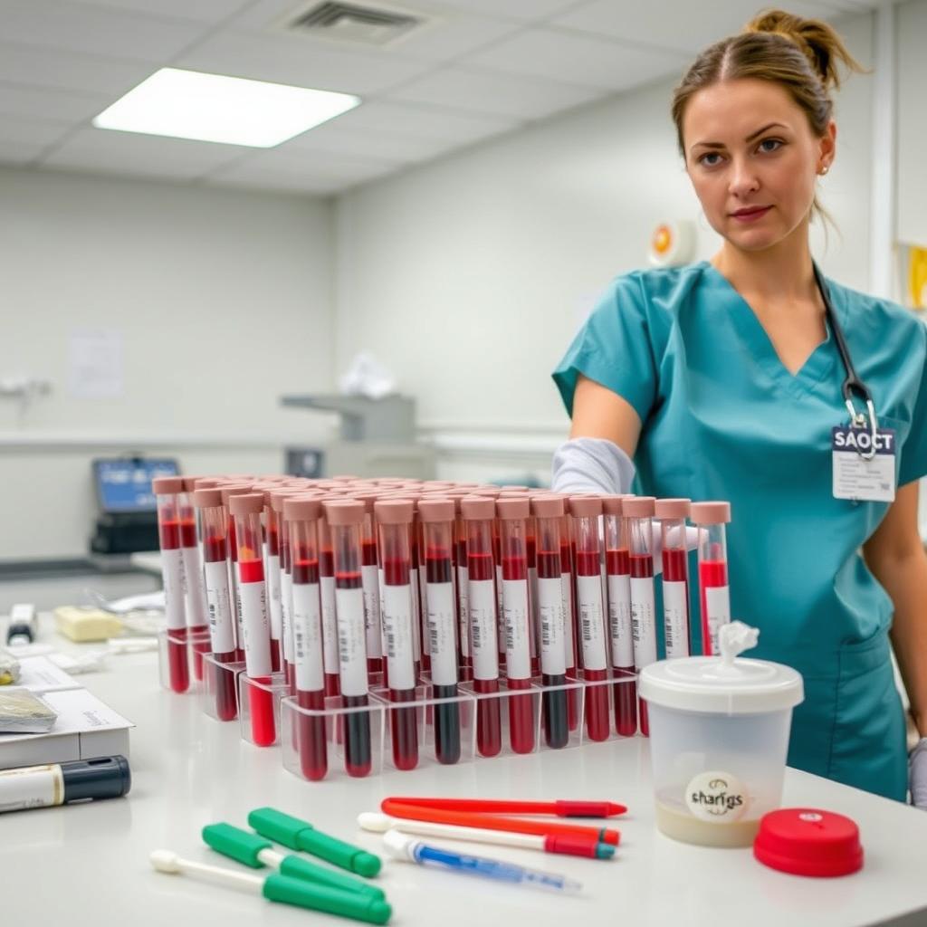 A female nurse standing beside a table filled with multiple blood collection tubes, each clearly labeled and arranged neatly