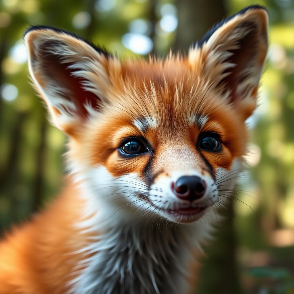 A close-up portrait of a charming, whimsical fox with its ears relaxed and gently drooping