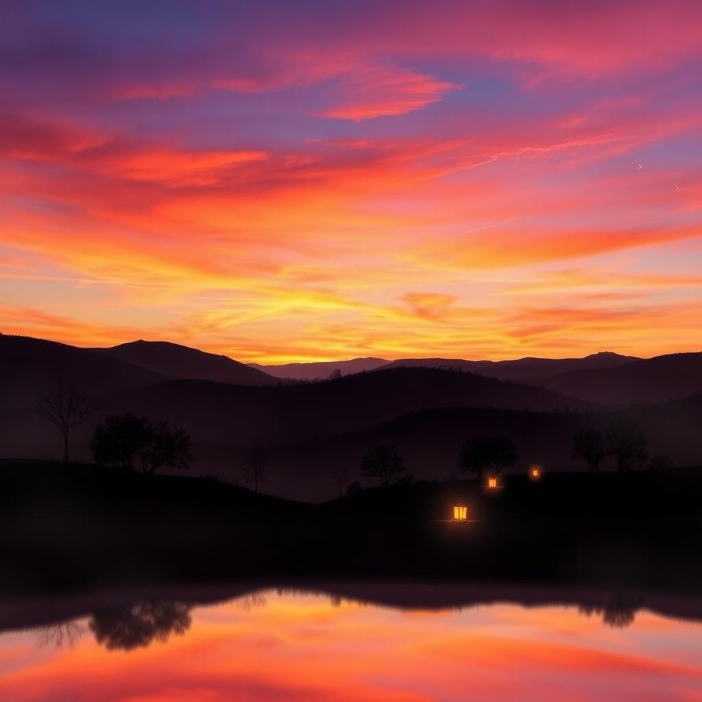 A dreamlike landscape at sunset, capturing the enchanting beauty of a twilight sky filled with warm hues of orange, pink, and purple