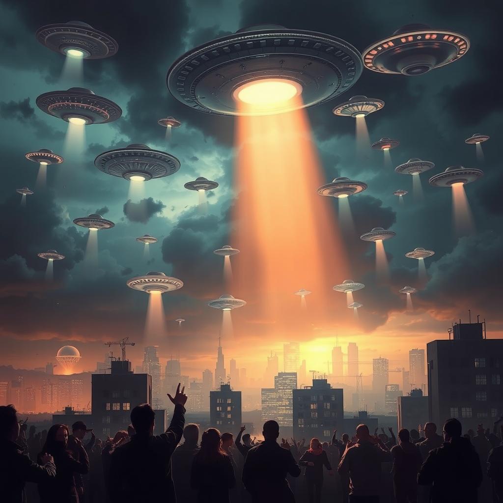 A dramatic scene depicting an extraterrestrial invasion featuring UFOs hovering over a cityscape