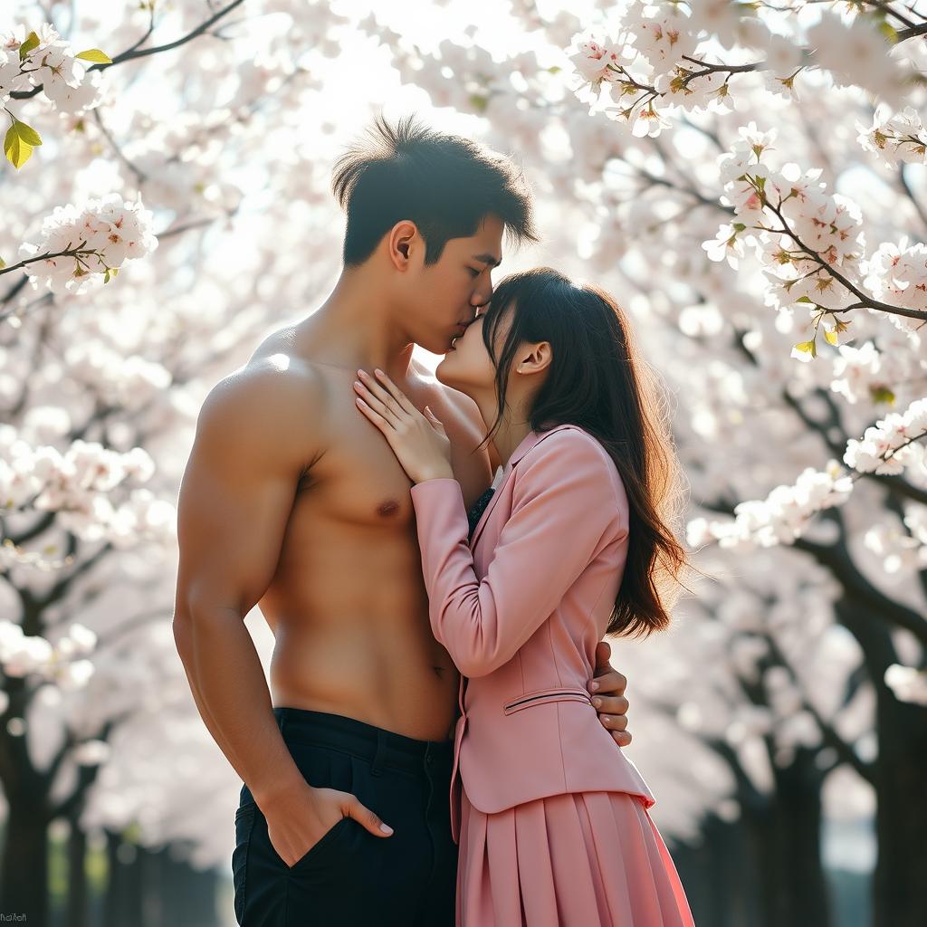 A young Japanese couple kissing passionately in a romantic setting